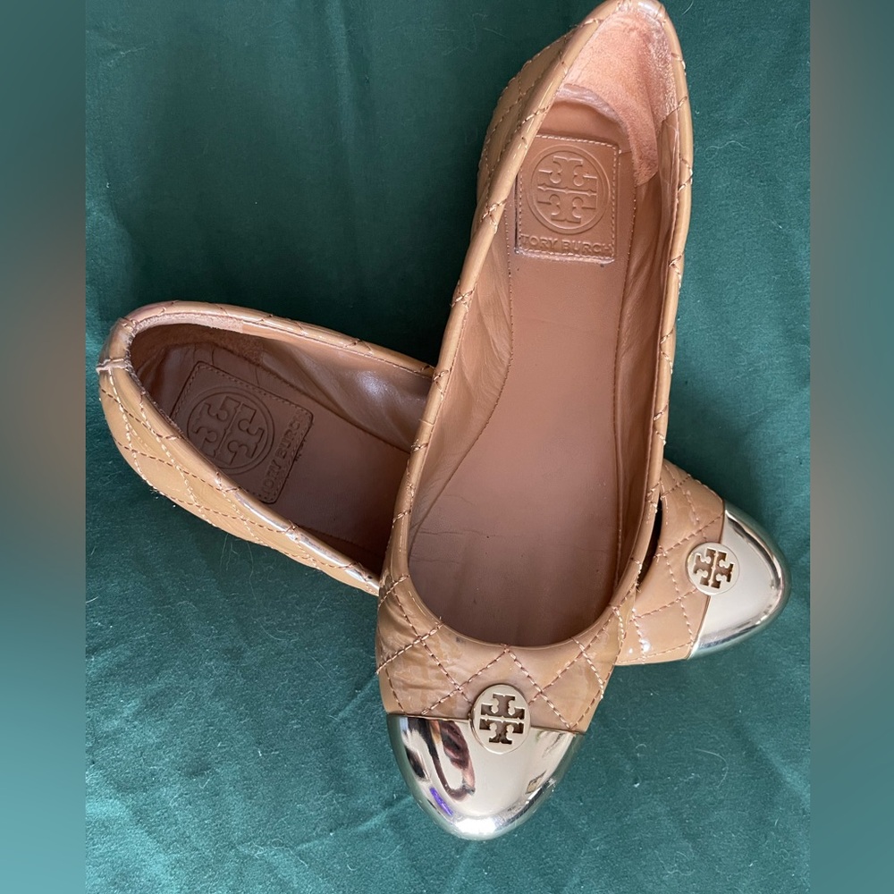 Tory Burch Ballet Flats, Leather with gold toes.